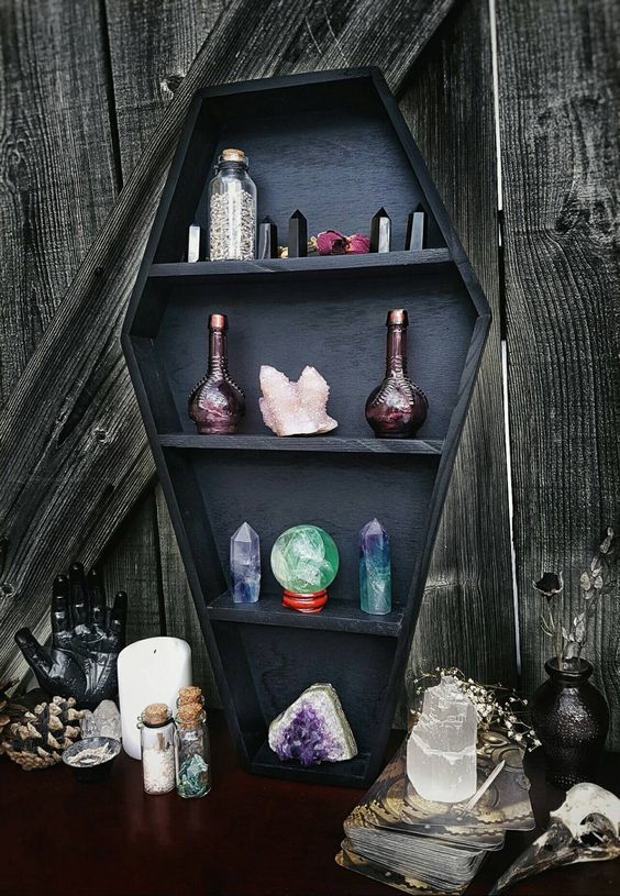 gothic shelf crystal decor witch goth coffin boldness reek dramatic wiccan décor interior display designs