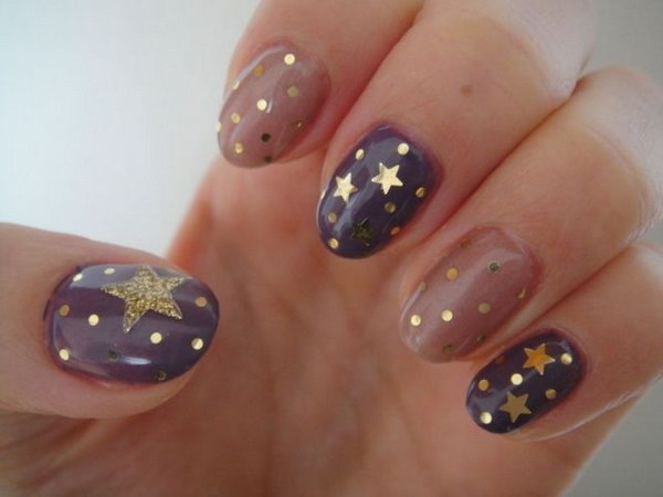 nail design with stars and crescent moons