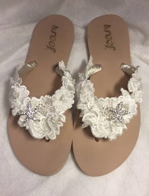 white lace flip flops