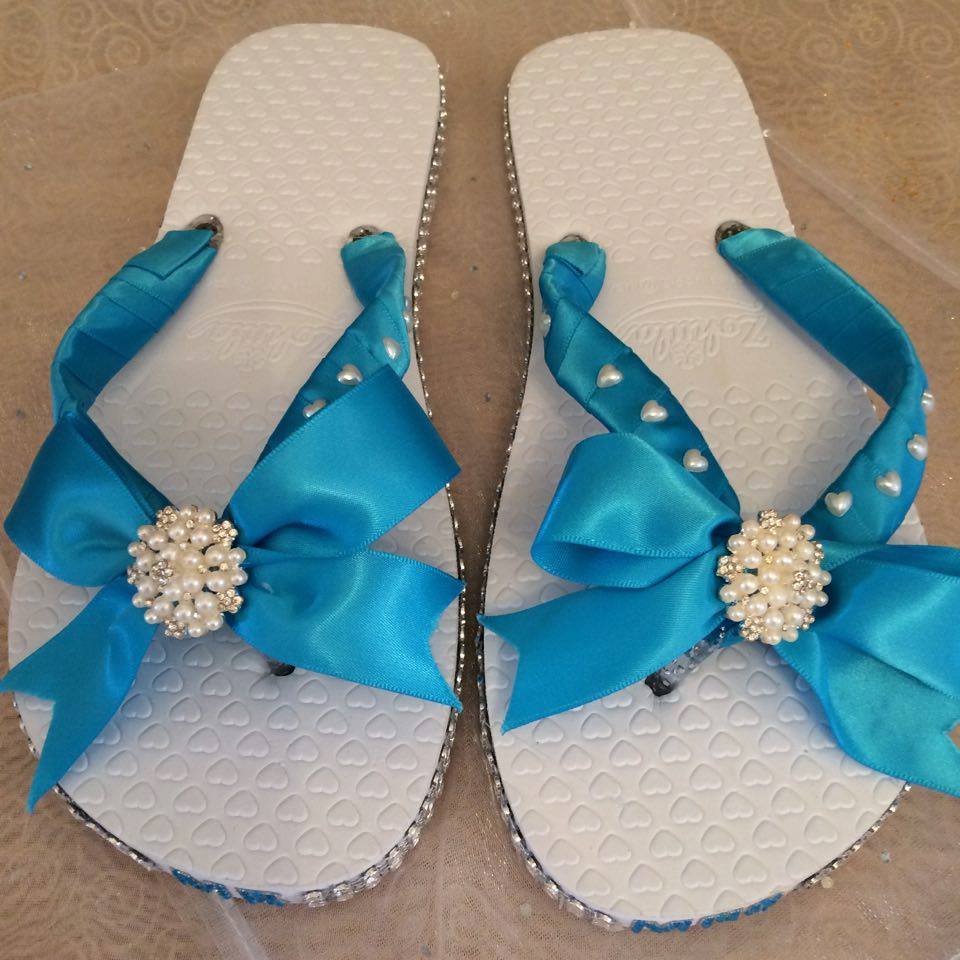Pearl and Turquoise Satin ribbon Wedding Flip Flops