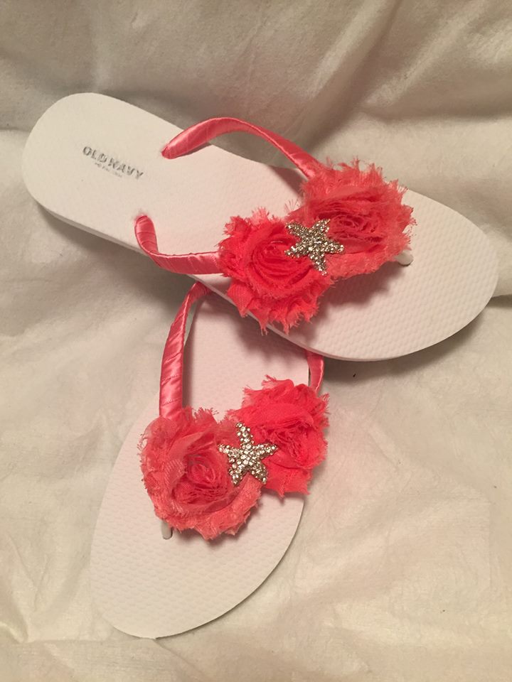 White Flip Flop wrapped in Coral reef satin ribbon