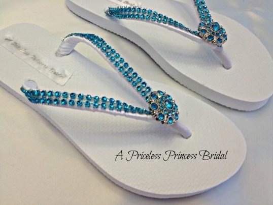 White Flip Flops with Turquoise Rhinestones