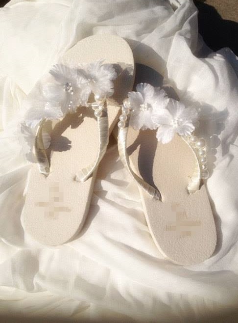 White Wedge Bridal Flip Flops Sandals with flowers and pearls