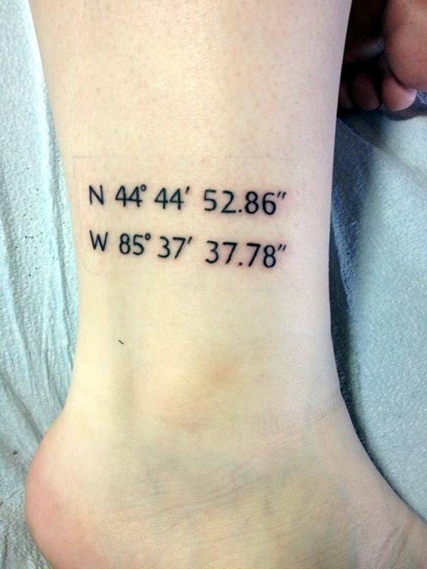 #6 Latitude and longitude coordinates tattoo to symbolize a happy place. 