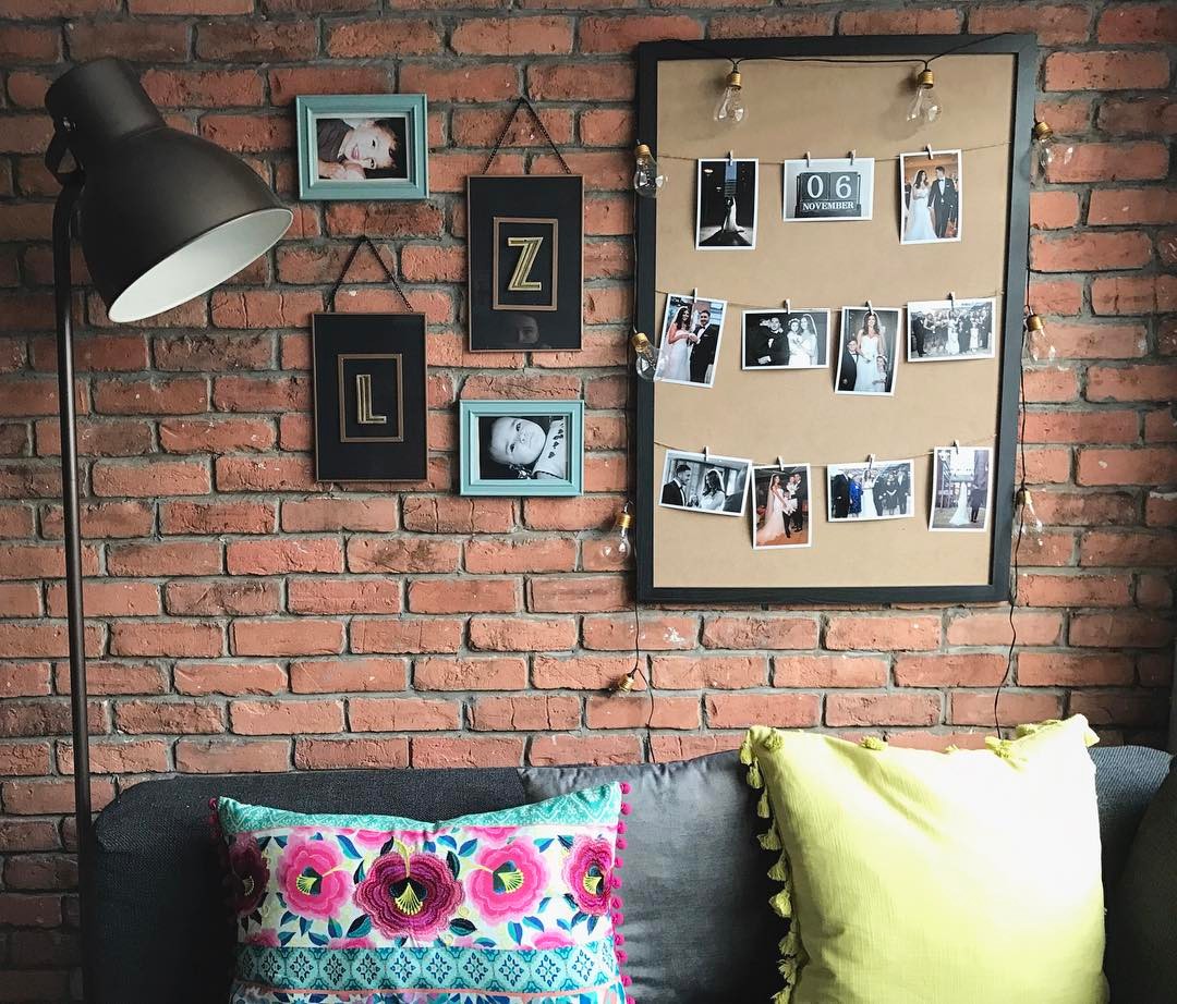 #brickwall #tiles #featurewall #favourites #springcolours #photowall #flowercushions #rosegoldlamp #artdeco #diy #photoframe