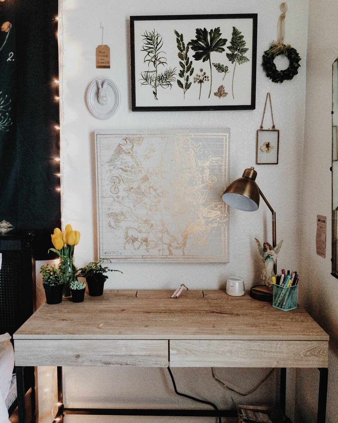 #desk #office #home #eclectic #vintage #stringlights #plantsarefriends #pretty