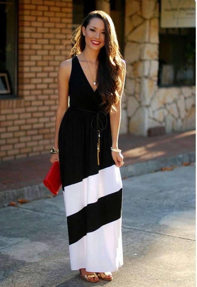 Black & White Stripe Plunging Neckline Dress With Drawstring