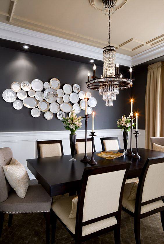 Dining Room With Awesome Wall Decor And Candelier