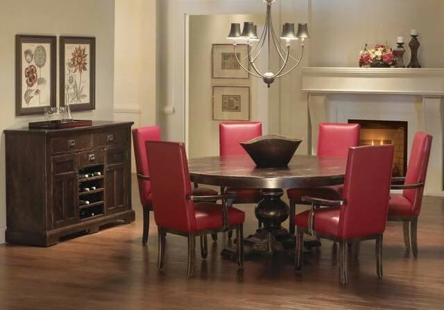 Round Wooden Table With Red Chairs