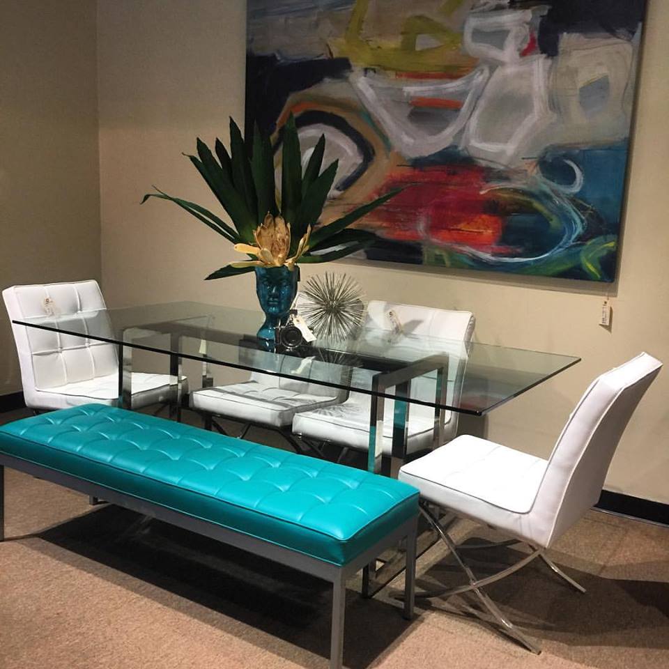 White Chairs, Reel Bench With Glass & Chrome Dining TAble