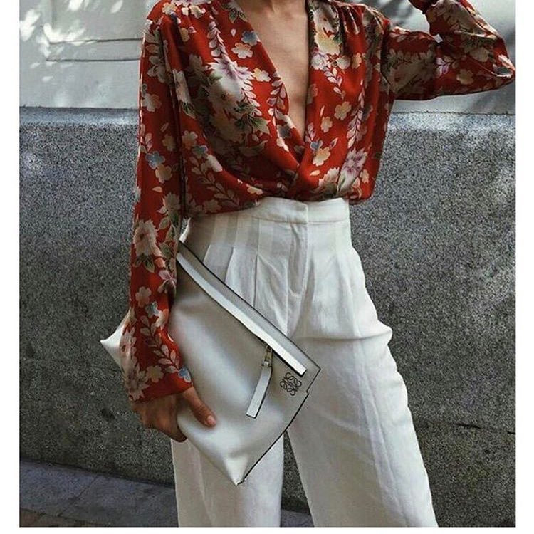 White Pleated Pant With Red Floral Plunging Neckline Summerstyle