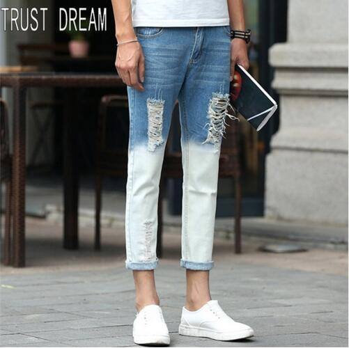 Ankle Length Slim Colored Hole Jeans