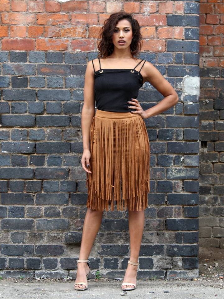 Black Top With Fringed Suede Skirt