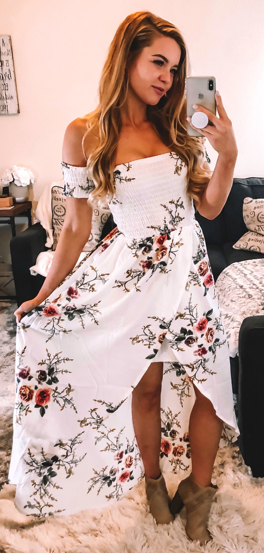 Cute white and red floral off-shoulder dress.