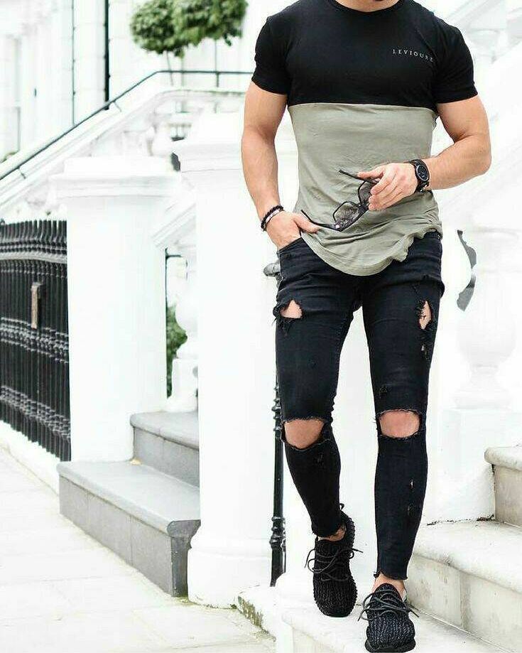 Double Color T-Shirt With Black Ripped Jeans