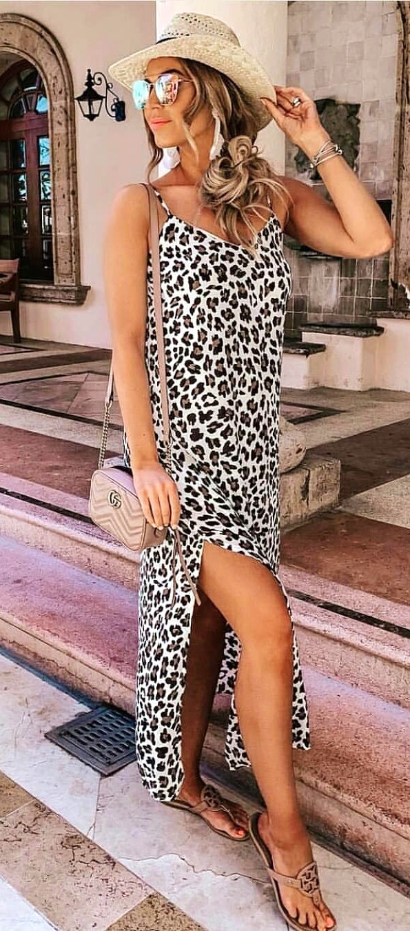 Flat sandals, white and black leopard print spaghetti strap maxi dress.