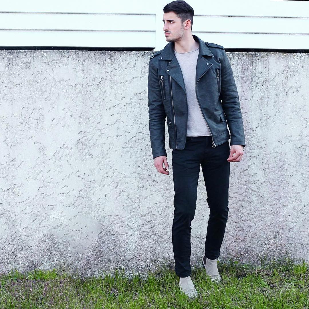 Grey T-Shirt, Black Jeans With Leather Jacket