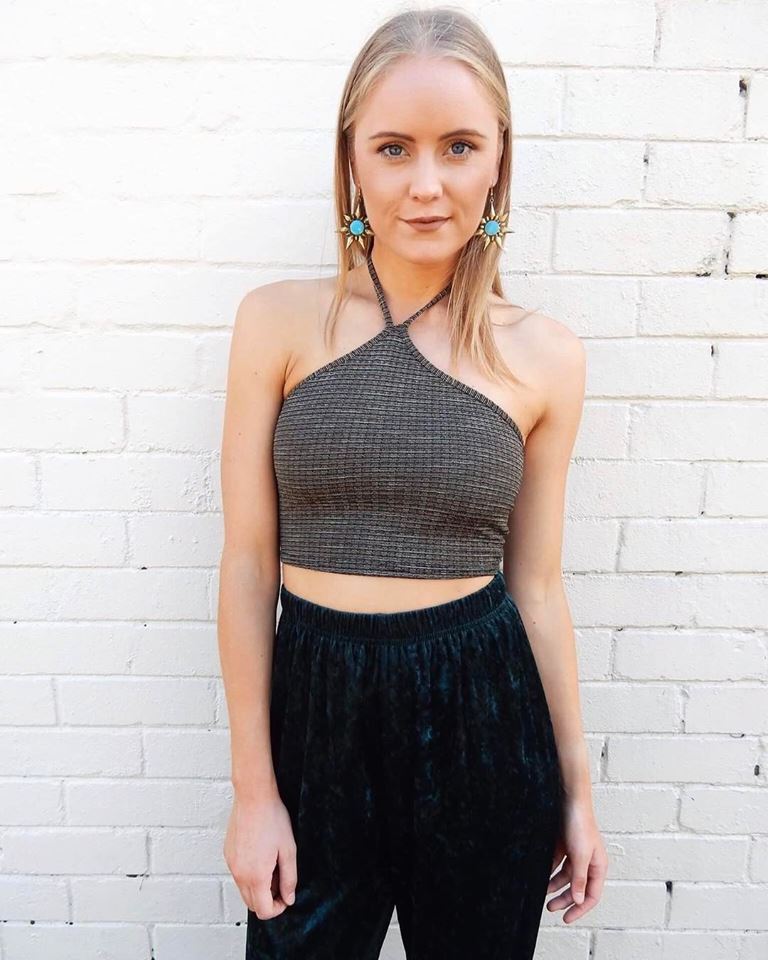 Halter Crop Top With Velvet Pants And Turquoise Earrings