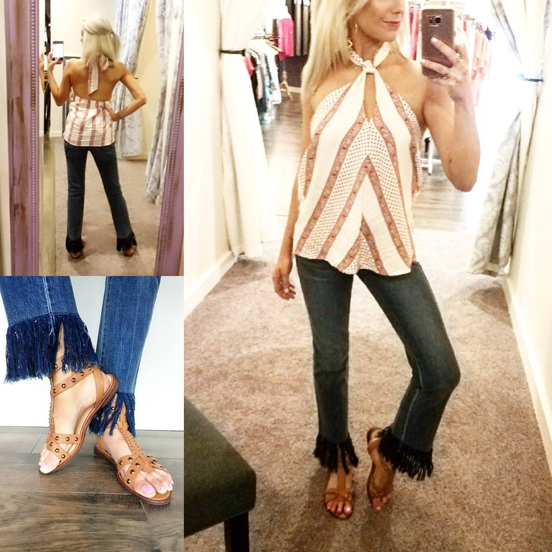 Halter Tie Top With Fringed Jeans
