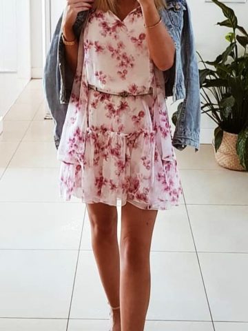 High heels pink and white floral sleeveless mini dress.