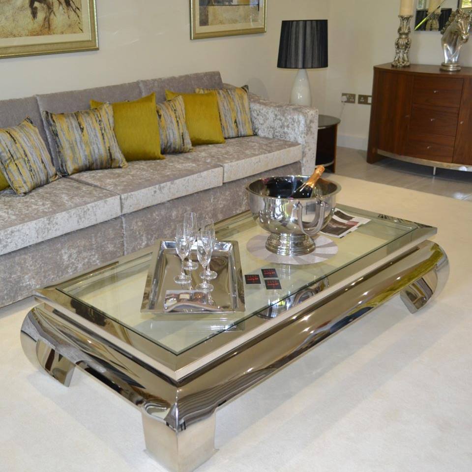 Modern Terano Large Rectangular Clear Glass & Chrome Table With Sofa