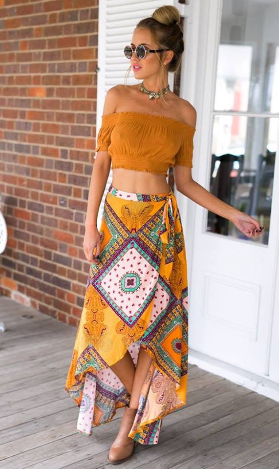 Mustard Yellow Off Shoulder Crop Top With Matching Printed Skirt