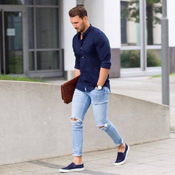 Navy Blue Shirt With Ripped Jeans