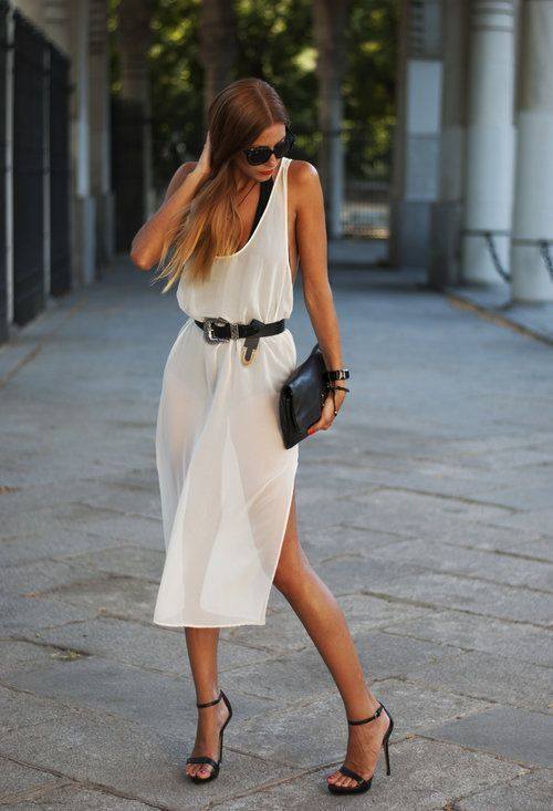 Off White Sher Dress With Leather Belt