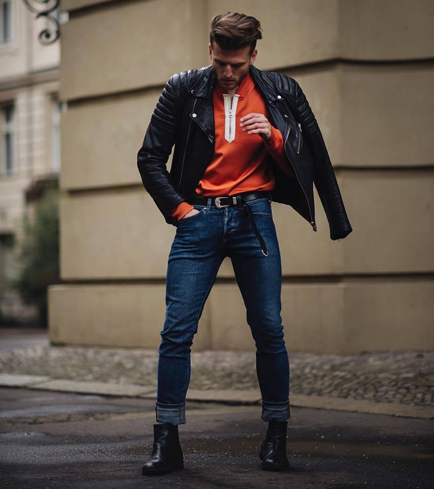 Orange T-Shirt, Jeans With Leather Jacket