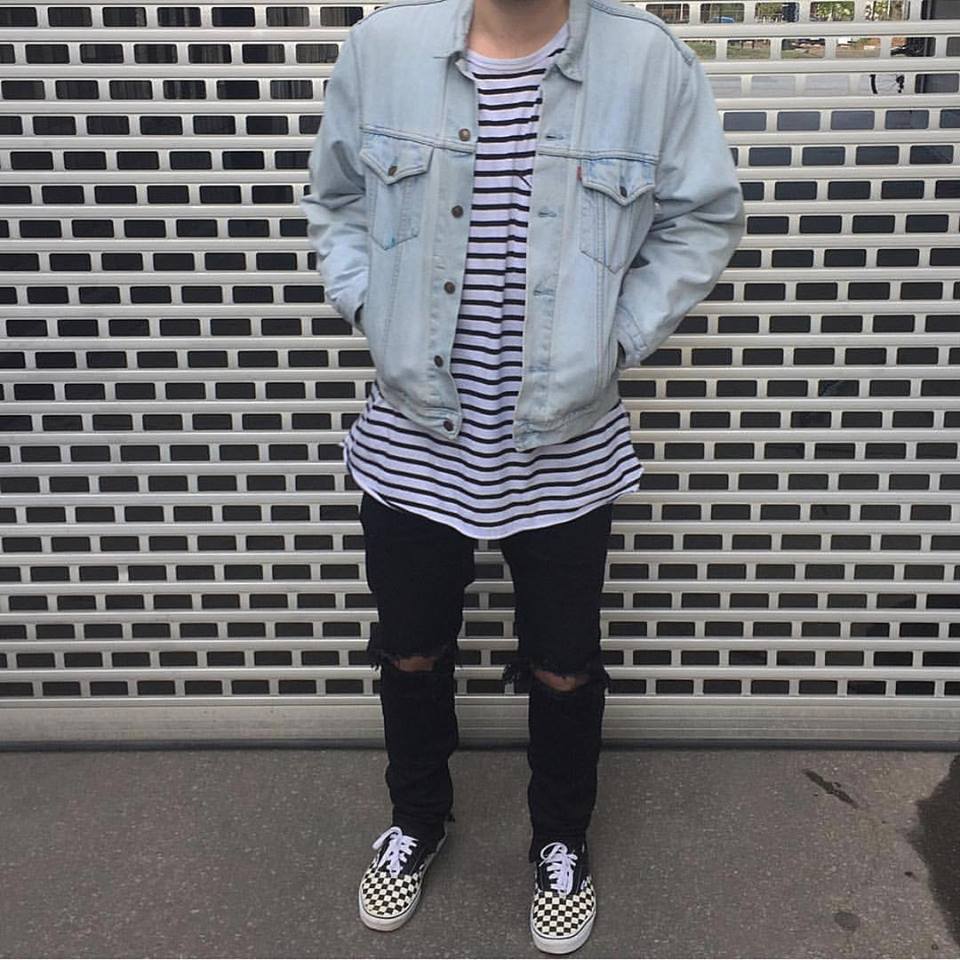 Stripes T-Shirt, Pant,Denim Jacket With Gingham Style Vans Sneakers