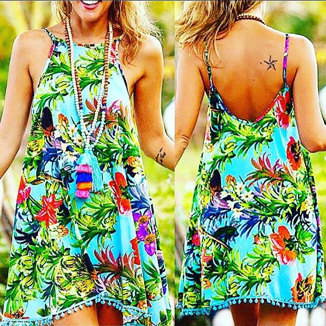 Tropical Print Halter Top Mini Tassel Dress