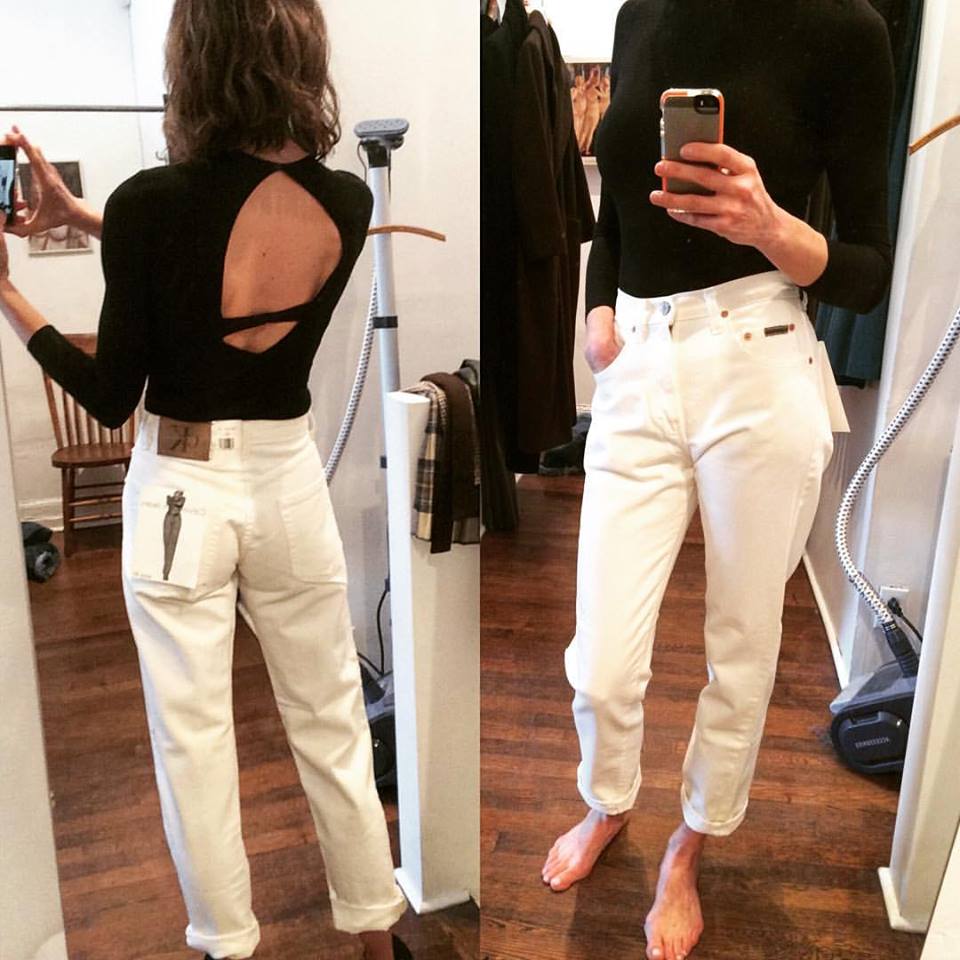 Vintage High Waist White Spring Jeans With Backless Black Top