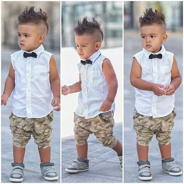 White Shirt, Black Bow Tie And Army Print Shorts