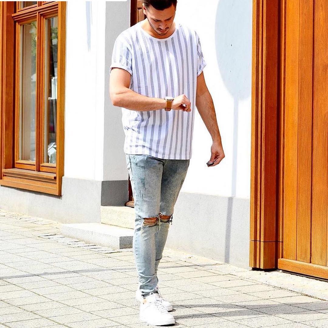 White T-Shirt Grey Stripes With Ripped Denim