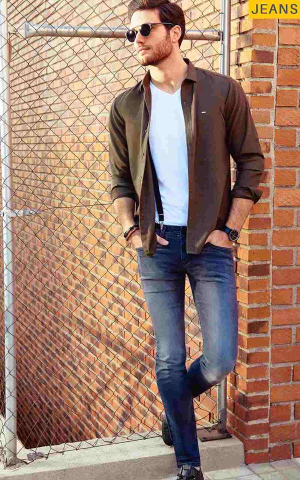 White T-Shirt, Jeans With Brown Jacket
