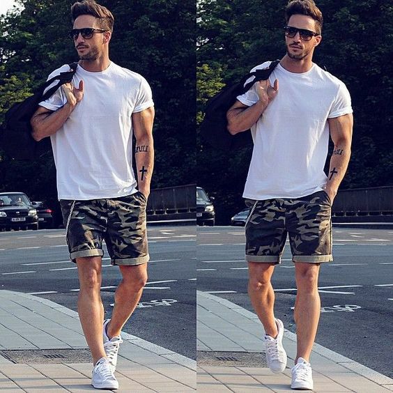 White T-Shirt With Military Print Shorts