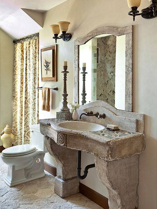 A Solid Stone Vanity With Matching Curved Backsplash