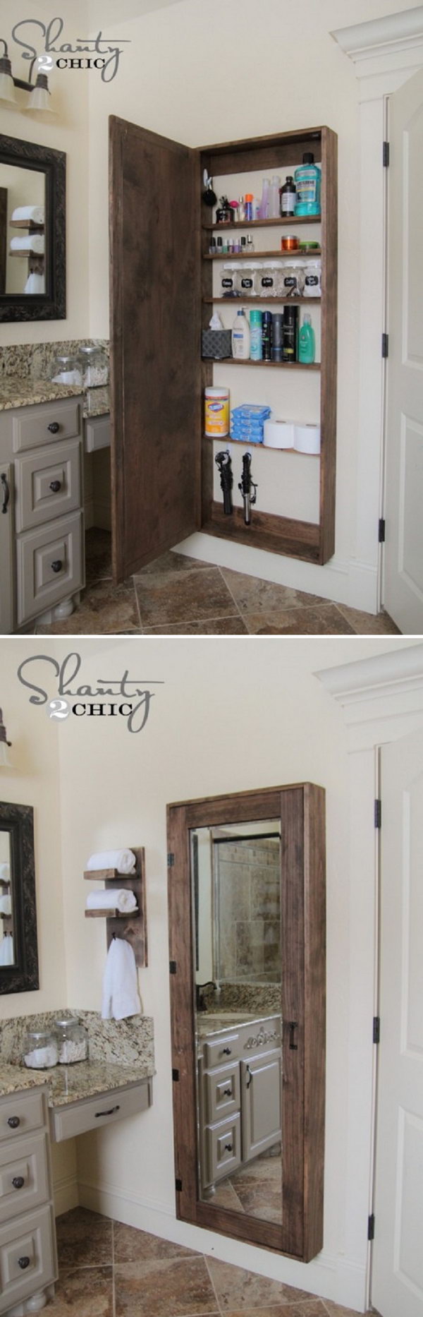 A big bathroom storage case behind the mirror to hold all the goodies