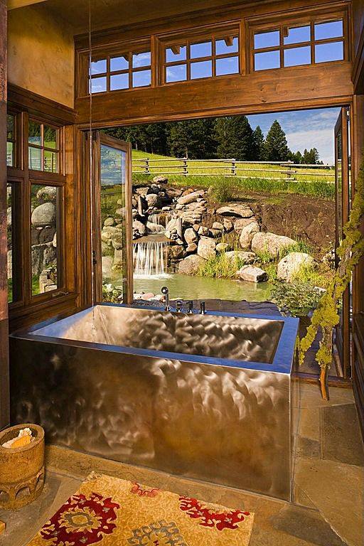 Adorable Rustic Bathroom With Steel Bathtub & Big Window For Natural View
