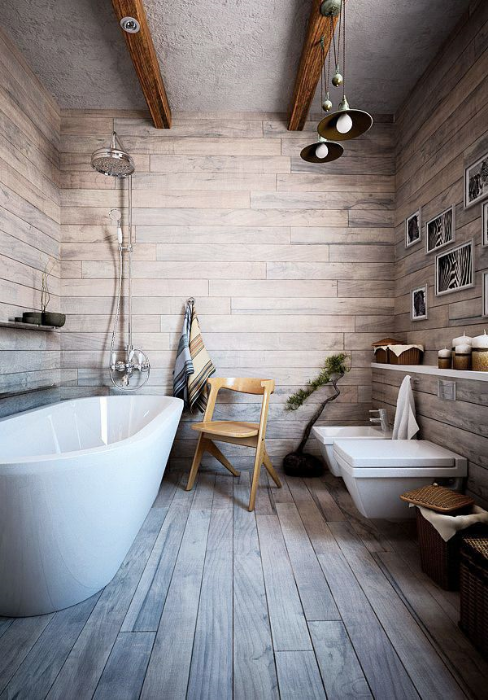 Adorably Stylish Rustic Bathroom With White Bathtub & Vanity, Lights & Beam ceiling