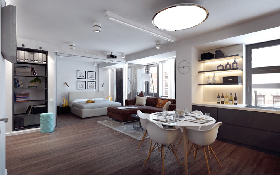 Alluring Studio Apartments With Wooden Flooring, Small Dinning & Wall Decor