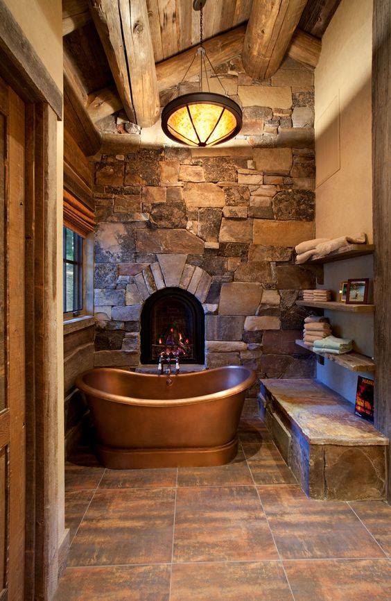 45 Rustic Bathroom Ideas: Get Creative with Your Design 5 Amazing Stone Wall, Beam Ceiling, Bras Bathtub & Fire Pit