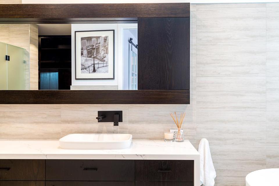 Amusing Design Of Contemporary Bathroom With Wood Frame Mirror, Cabinet And Nice Wall Decor