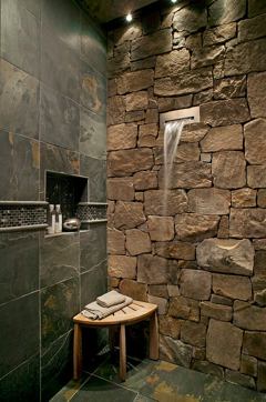 Awesome Stone Wall With Waterfall Showerhead