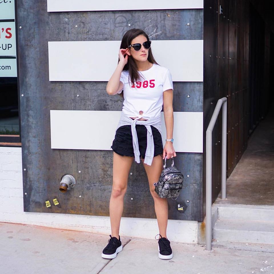 Awesome White T-Shirt, Black Shorts, Sunglasses With Black Sneakers
