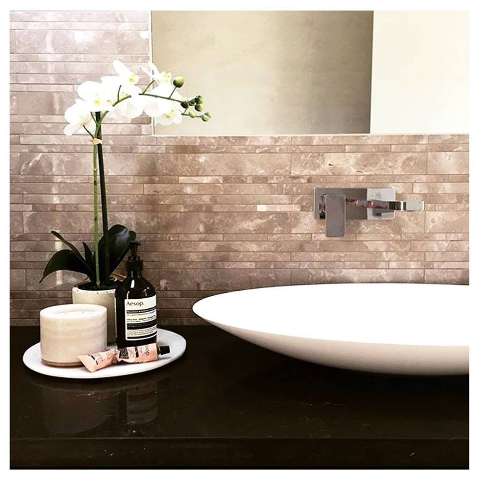 Beautiful Vanity, Nice Tiles, Marble Candle Perfect For Chic Look