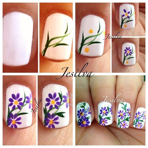 Beautious Purple Flower On White Nails
