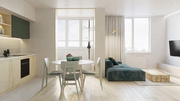 Beige Studio Apartment With Small Dinning, Blue Sofa & DIY Wooden Table