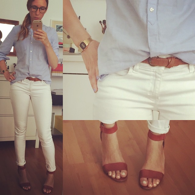 Blue Oxford Button Up Shirt With White Jeans