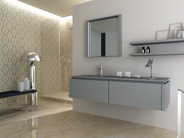 Classic Contemporary Bathroom With Amazing Tiles And Greyish Cabinet